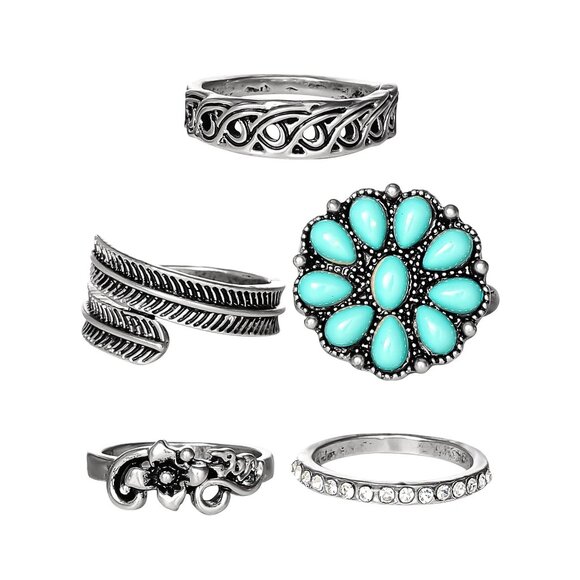 Jessica Simpson Faux Silver Tone  Turquoise Stone Ring Set  Set of 5 - Picture 1 of 7